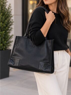 Tory Burch Ella Black Leather & Canvas Tote – Large Work Bag